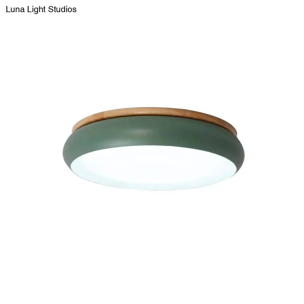 18"/21.5" Dia LED Flush Mount Drum Lamp in Macaron Wood White/Pink/Green - White/Warm/Natural Light