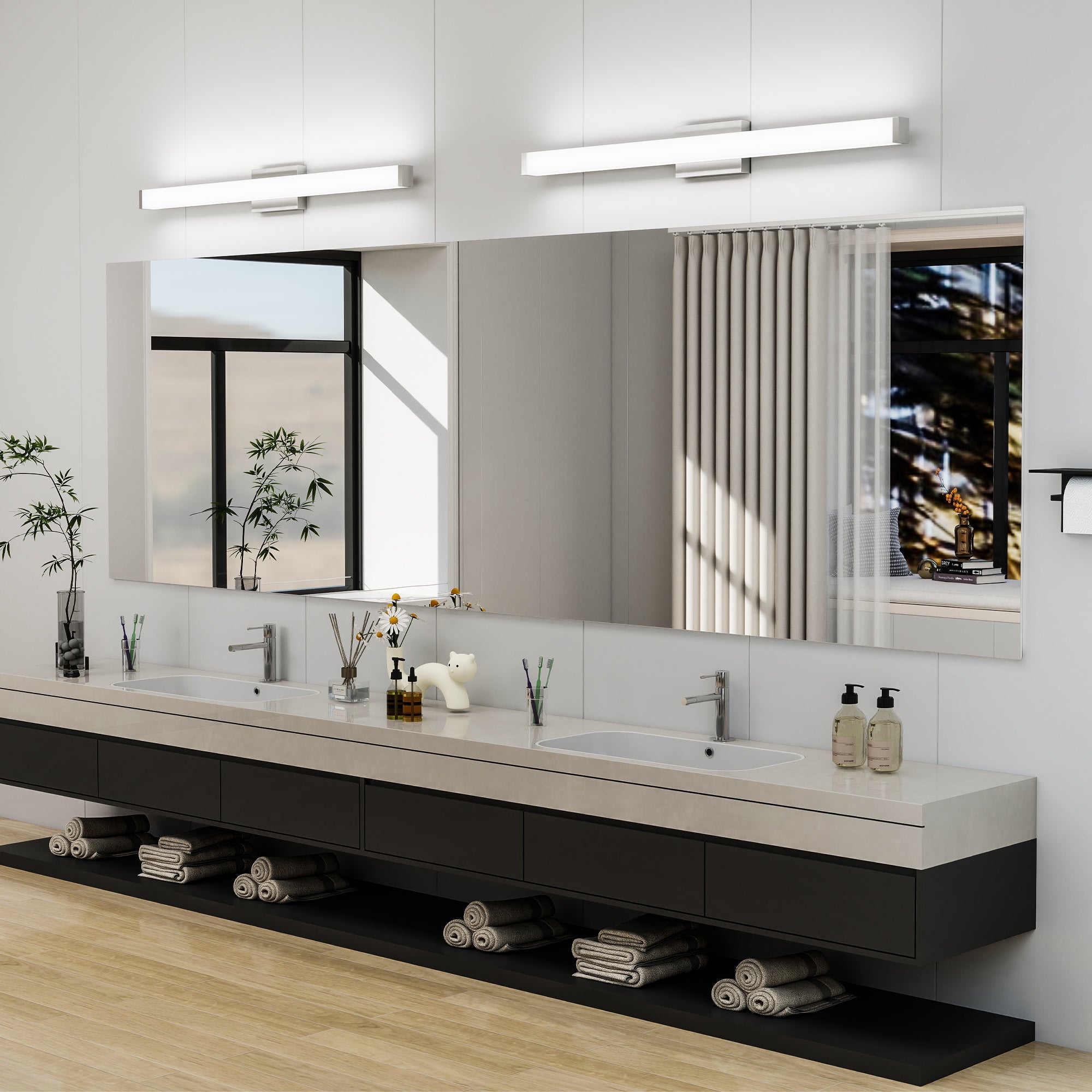 Luz de Tocador de Baño en Níquel Cepillado Cuadrada LED de 41 Pulgadas 24W 6000K Luz Blanca Fría Barra de Pared para Iluminación Sobre el Espejo - Níquel Cepillado, 41 pulg