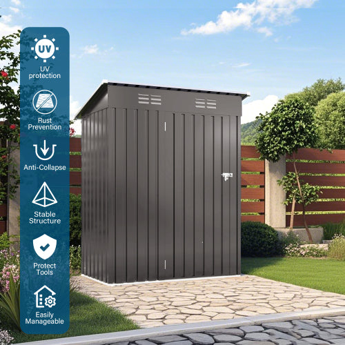 5X3 FT Metal Outdoor Storage Shed, Tool Shed With Pitched Roof And Lockable Door Compact Metal Tool Shed For Garden, Backyard, Patio, Everyday Sundries And Bike Storage, Gray