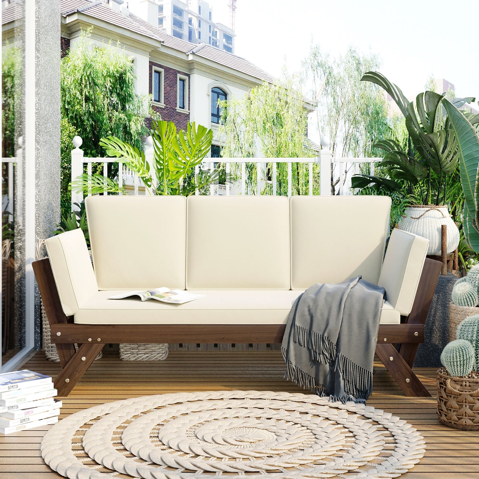 TOPMAX Sofá Cama de Día de Madera Ajustable para Exterior con Cojines para Patios, Chaise Lounge para Espacios Pequeños, Bro