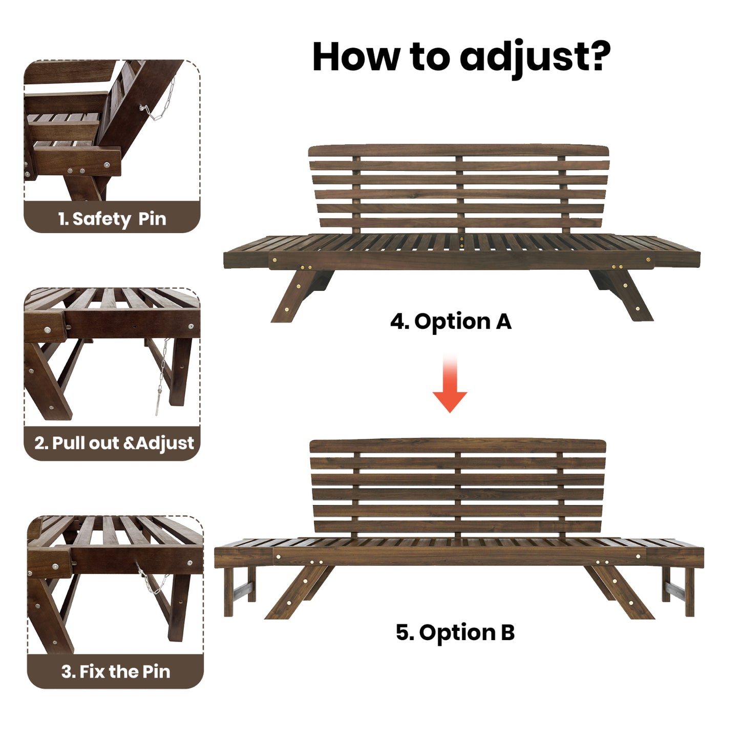 TOPMAX Outdoor Adjustable Patio Wooden Daybed Sofa Chaise Lounge With Cushions For Small Places, Bro