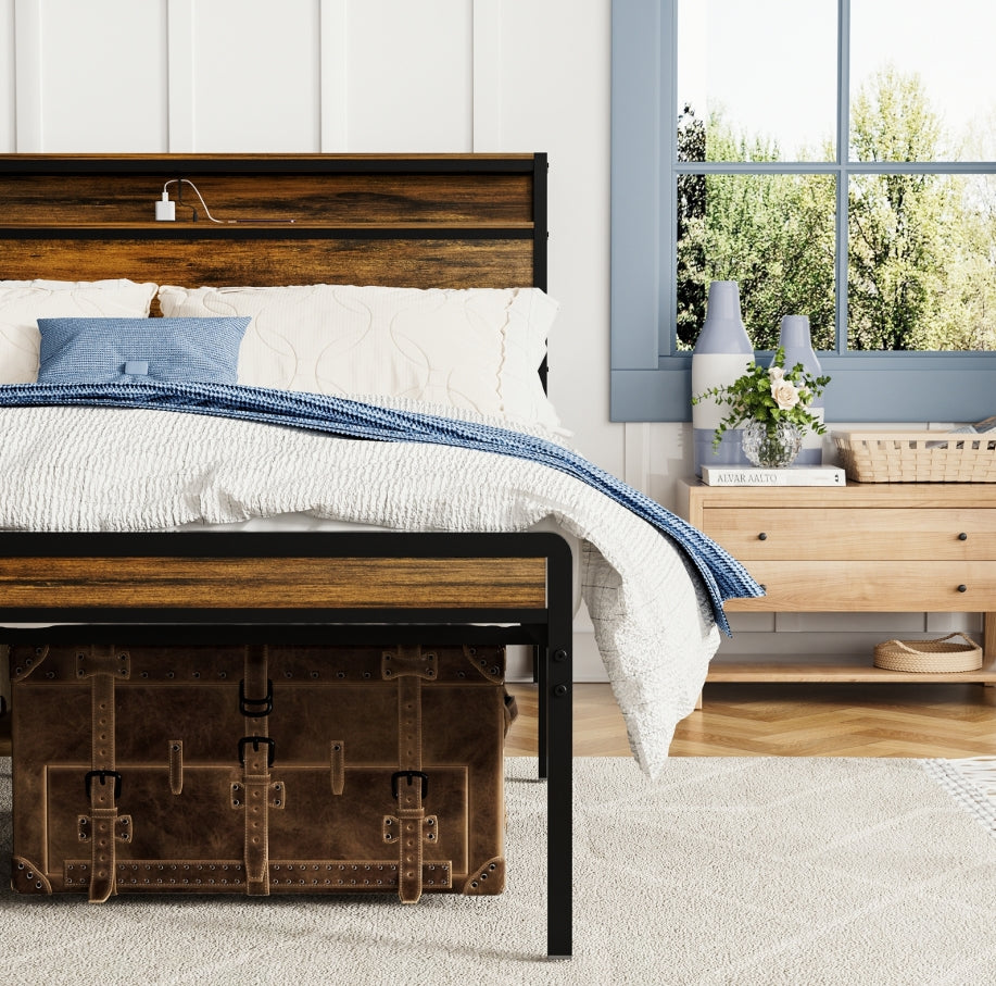 Estructura de Cama de Tamaño Queen, Cabecero con Almacenamiento y Luz LED, Estación de Carga, Sólida y Estable, Sin Ruido