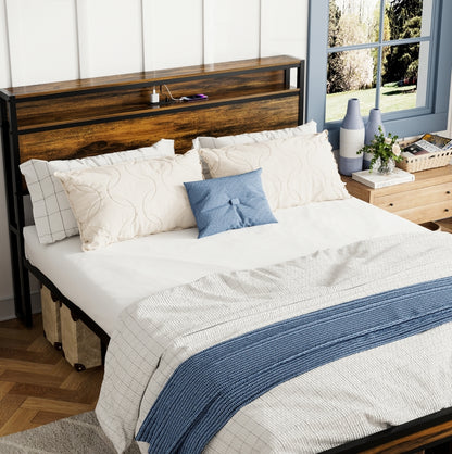 Queen Size Bed Frame, Storage Headboard With LED Light, Charging Station, Solid And Stable, Noise Fr