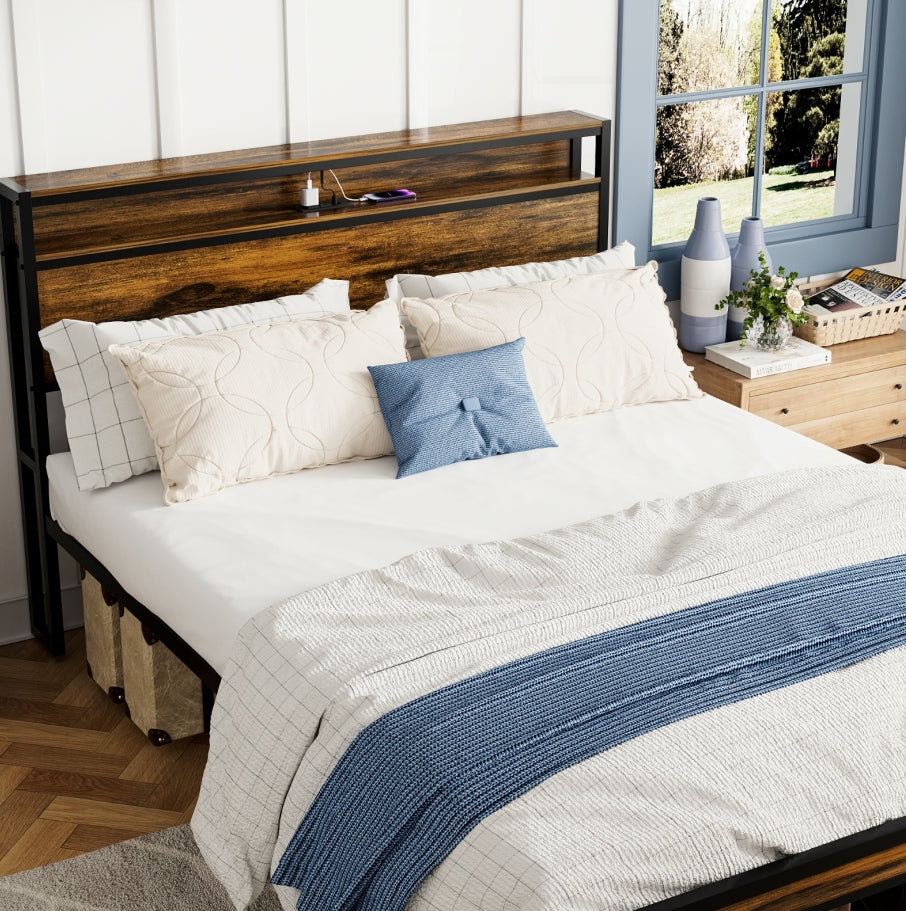 Estructura de Cama de Tamaño Queen, Cabecero con Almacenamiento y Luz LED, Estación de Carga, Sólida y Estable, Sin Ruido