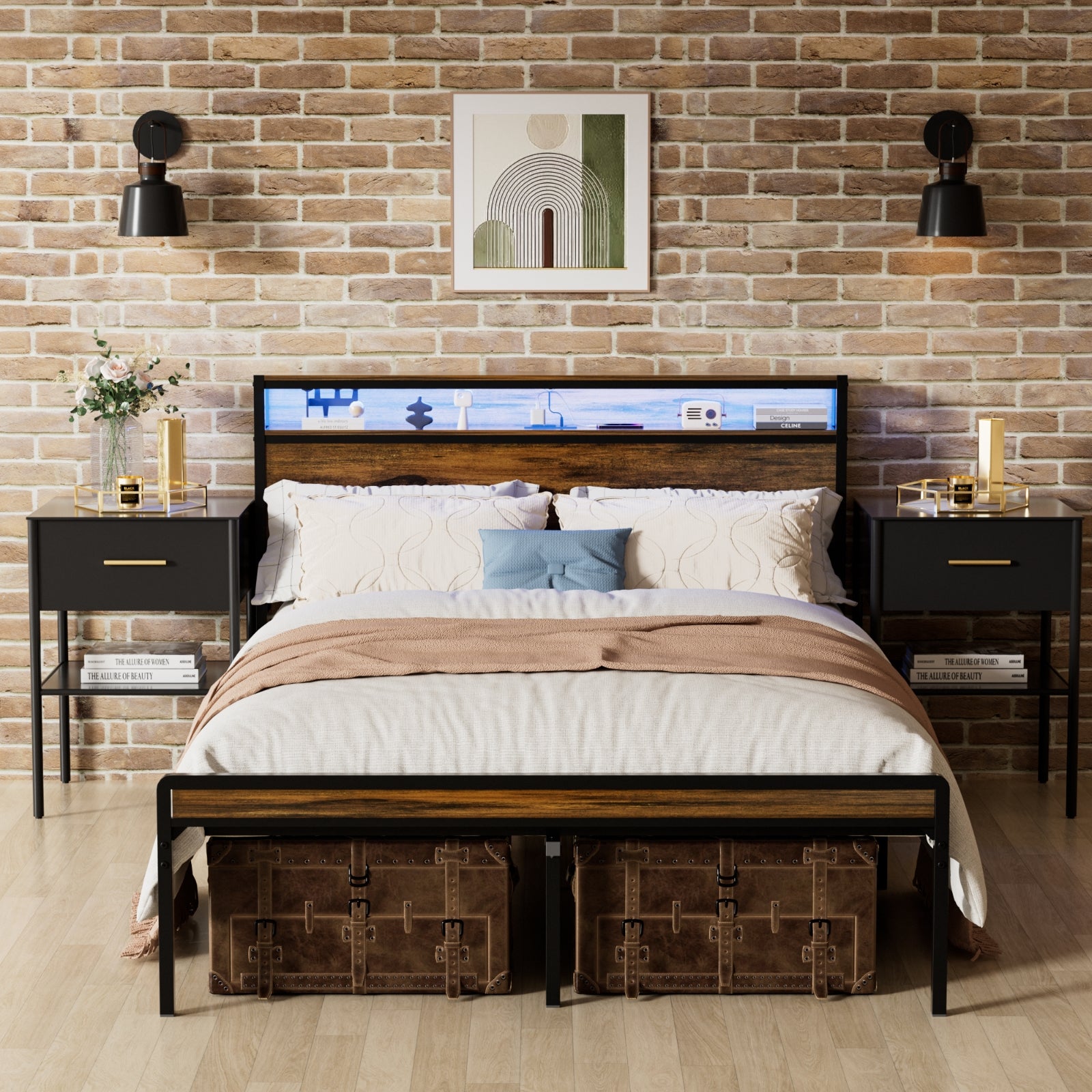 Estructura de Cama de Tamaño Queen, Cabecero con Almacenamiento y Luz LED, Estación de Carga, Sólida y Estable, Sin Ruido