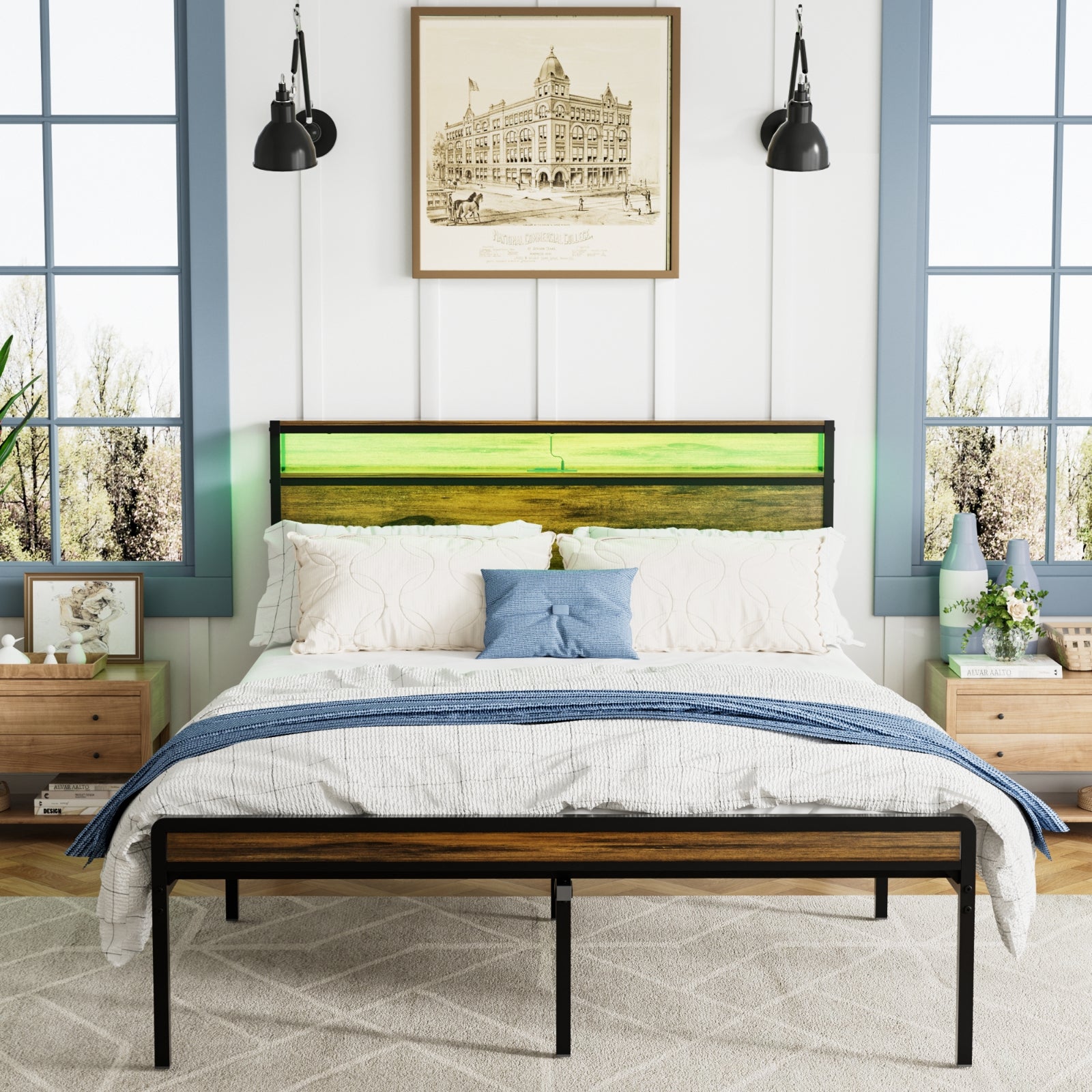 Estructura de Cama de Tamaño Queen, Cabecero con Almacenamiento y Luz LED, Estación de Carga, Sólida y Estable, Sin Ruido