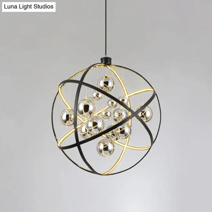 19.5"/31.5" Black LED Pendant Chandelier - Industrial Iron Globe Ceiling Light with Chrome Glass Shade