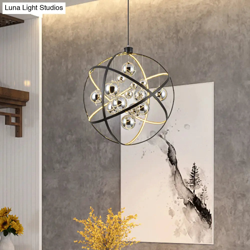 19.5"/31.5" Black LED Pendant Chandelier - Industrial Iron Globe Ceiling Light with Chrome Glass Shade