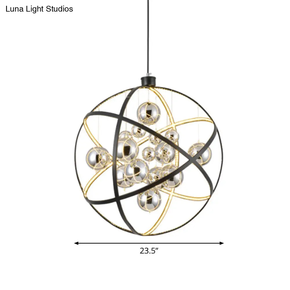 19.5"/31.5" Black LED Pendant Chandelier - Industrial Iron Globe Ceiling Light with Chrome Glass Shade