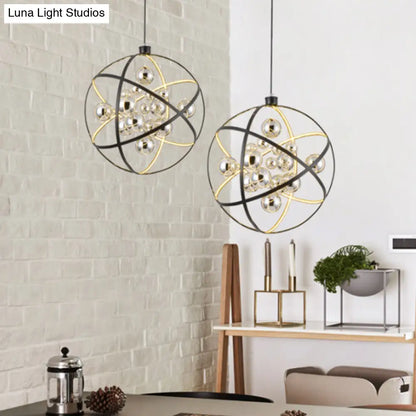 19.5"/31.5" Black LED Pendant Chandelier - Industrial Iron Globe Ceiling Light with Chrome Glass Shade