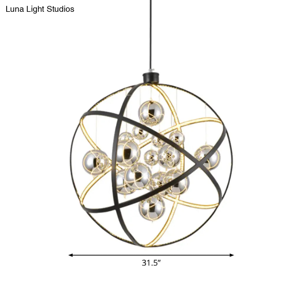 19.5"/31.5" Black LED Pendant Chandelier - Industrial Iron Globe Ceiling Light with Chrome Glass Shade