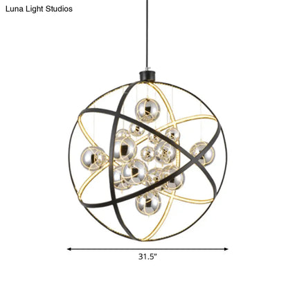 19.5"/31.5" Black LED Pendant Chandelier - Industrial Iron Globe Ceiling Light with Chrome Glass Shade