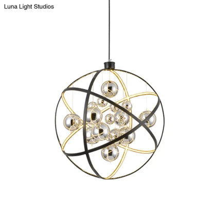 19.5"/31.5" Black LED Pendant Chandelier - Industrial Iron Globe Ceiling Light with Chrome Glass Shade