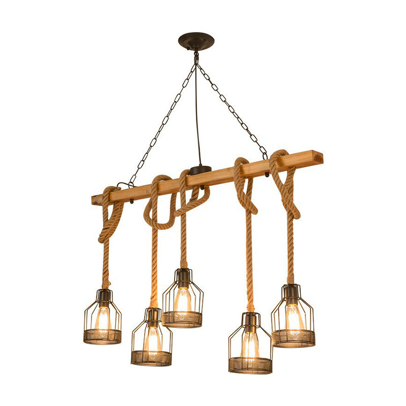 Lámpara colgante rústica de madera DecorBites™: Lámpara lineal colgante para isla de restaurante con jaula de cuerda marrón (3/5 luces)