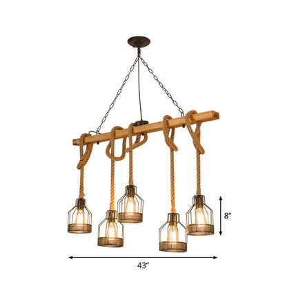 Lámpara colgante rústica de madera DecorBites™: Lámpara lineal colgante para isla de restaurante con jaula de cuerda marrón (3/5 luces)