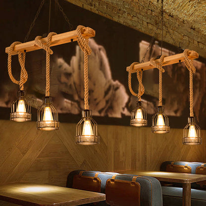 Lámpara colgante rústica de madera DecorBites™: Lámpara lineal colgante para isla de restaurante con jaula de cuerda marrón (3/5 luces)