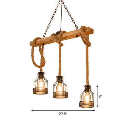 Lámpara colgante rústica de madera DecorBites™: Lámpara lineal colgante para isla de restaurante con jaula de cuerda marrón (3/5 luces)