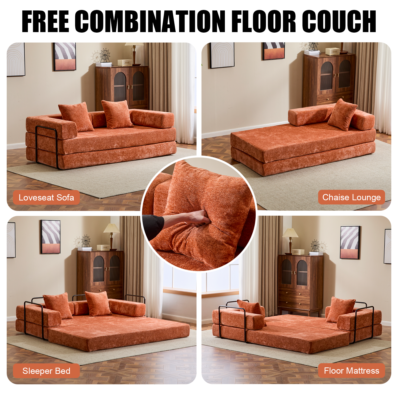 Sofá de Suelo, Sofá de Compresión, Sofá Cama Convertible de Suelo - con Soporte para la Espalda de Almohada y Reposabrazos, Sofá Futón Cómodo para Reposar Cama para Dormir, Tejido de Chenilla, para Sala de Estar y Dormitorio Naranja