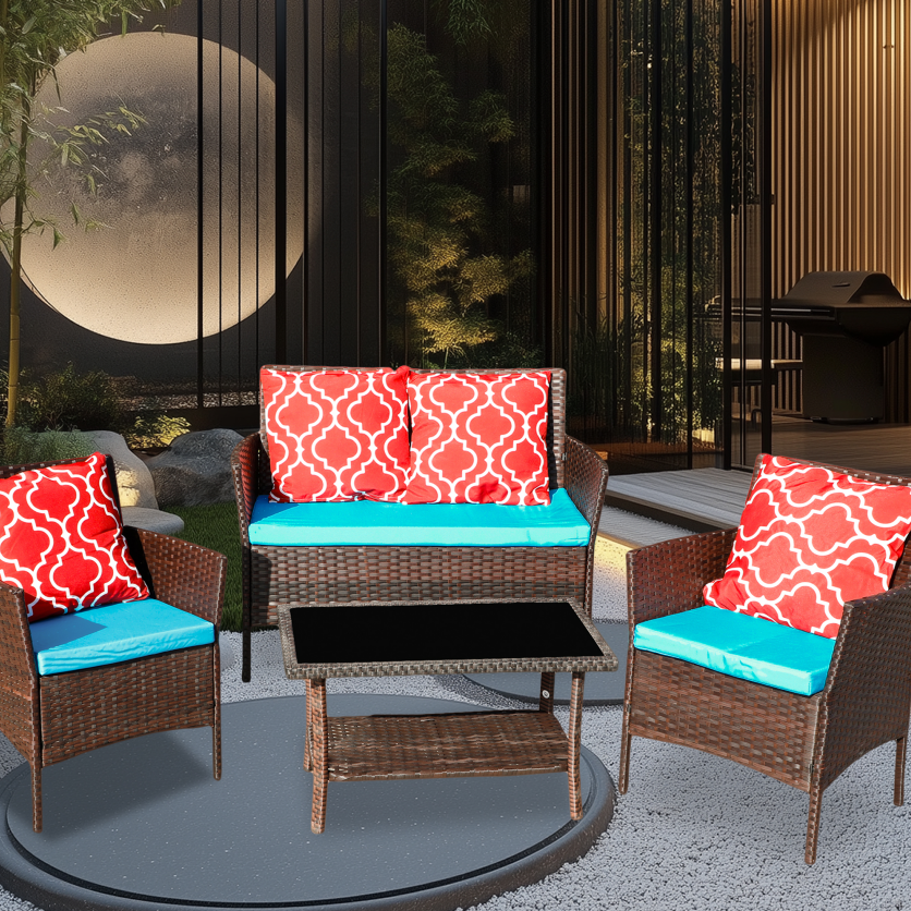 Four-Piece Sofa Set Table With Sofa Chair PE Rattan Outdoor Furniture W3152P269436 Box1 With Sapphire Blue Color Cushion