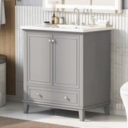 Lavabo de baño de 30 pulgadas con fregadero combinado, armario de baño multifuncional con puertas y cajón, marco sólido y tablero de MDF, gris