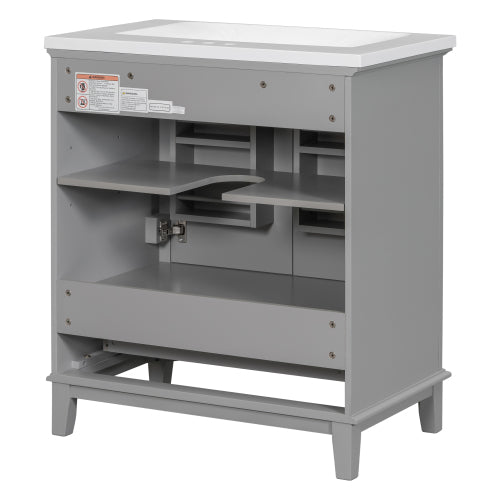 Lavabo de baño de 30 pulgadas con fregadero combinado, armario de baño multifuncional con puertas y cajón, marco sólido y tablero de MDF, gris