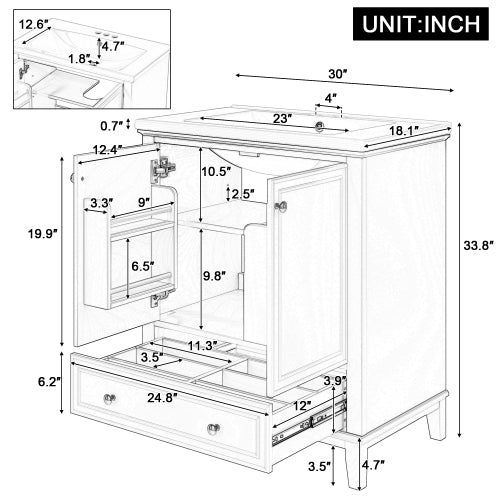 Lavabo de baño de 30 pulgadas con fregadero combinado, armario de baño multifuncional con puertas y cajón, marco sólido y tablero de MDF, gris