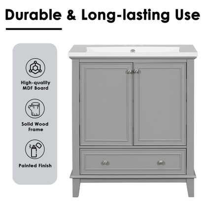 30 Bathroom Vanity With Sink Combo, Multi-functional Bathroom Cabinet With Doors And Drawer, Solid Frame And MDF Board, Grey