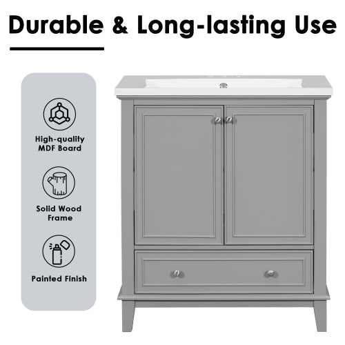 Lavabo de baño de 30 pulgadas con fregadero combinado, armario de baño multifuncional con puertas y cajón, marco sólido y tablero de MDF, gris