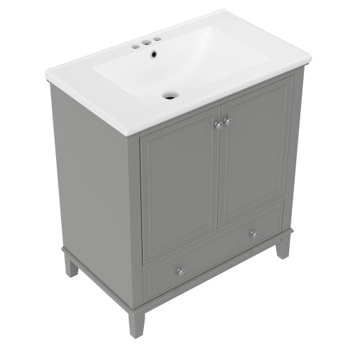 Lavabo de baño de 30 pulgadas con fregadero combinado, armario de baño multifuncional con puertas y cajón, marco sólido y tablero de MDF, gris