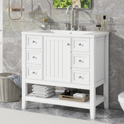 Lavabo de baño de 36 pulgadas con fregadero, un gabinete y tres cajones, madera maciza y tablero de MDF,