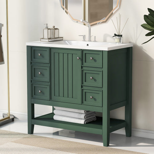 Lavabo de baño de 36 pulgadas con fregadero, un gabinete y tres cajones, madera maciza y tablero de MDF,