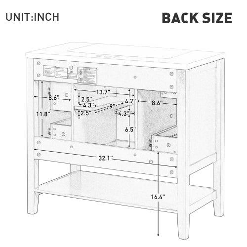 Lavabo de baño de 36 pulgadas con fregadero, un gabinete y tres cajones, madera maciza y tablero de MDF,