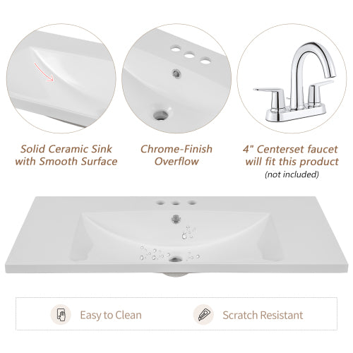 Lavabo de baño de 36 pulgadas con fregadero, un gabinete y tres cajones, madera maciza y tablero de MDF,