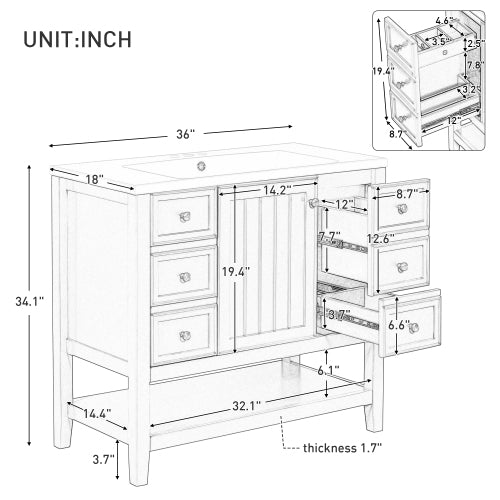 Lavabo de baño de 36 pulgadas con fregadero, un gabinete y tres cajones, madera maciza y tablero de MDF,