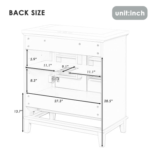 Lavabo de baño de 36 pulgadas con fregadero, un gabinete y tres cajones, madera maciza y tablero de MDF,