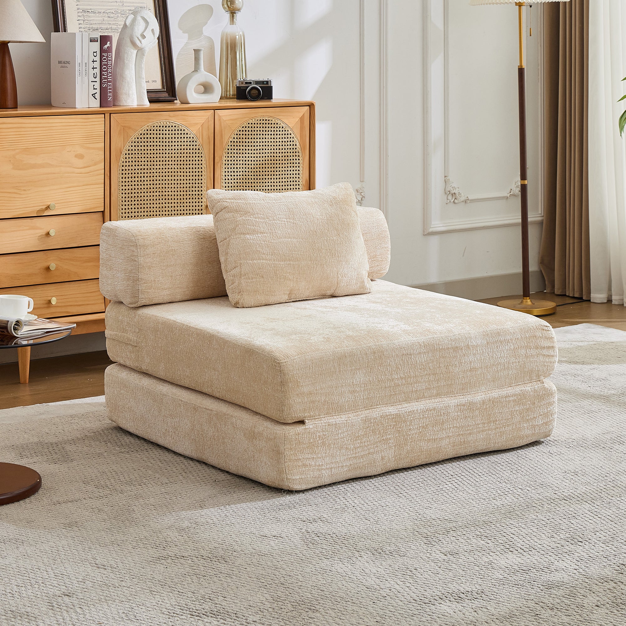 Sofá de Compresión, Sofá Cama Convertible para el Suelo con Marco de Forma Fija, Sofá Seccional Modular sin Huesos para una Sola Persona, Sin Ensamblaje Requerido, Tela de Chenille, para Sala de Estar y Dormitorio, Beige