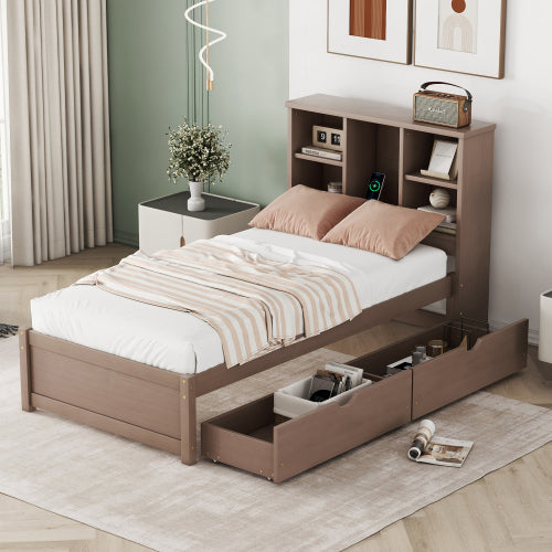 Estructura de Cama Moderna de Tamaño Individual con Puerto USB Integrado en el Cabecero con Estantería y 2 Cajones para Color Nogal