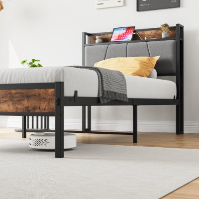 Twin Size Bed Frame, Storage Headboard With Charging Station, Solid And Stable, No Box Spring Needed, Easy Assembly