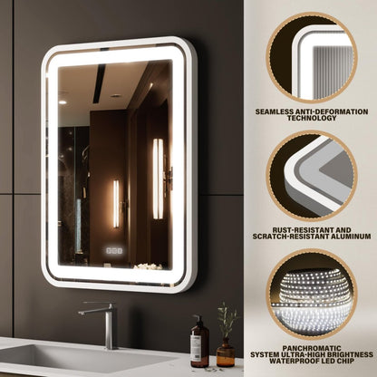 Espejo de Tocador de Baño con Luz para Pared Marco LED Inteligente Espejo de Maquillaje para Sobre el Fregadero Regulable en 3 Temperaturas de Color Función Antivaho con Memoria Vertical y Horizontal