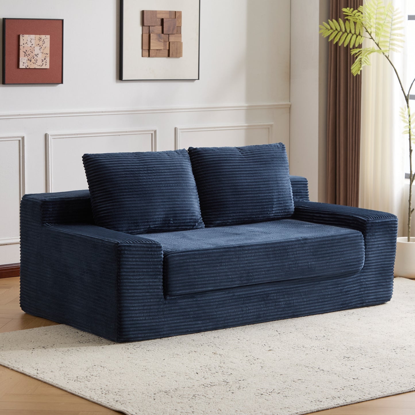 Loveseat Sofa, Comfortable Deep Seat Sofa Bed, Modern Small Corduroy Couch For Living Room Bedroom,Reversible Cushion With Pillows,No Assembly Required, Dark-blue