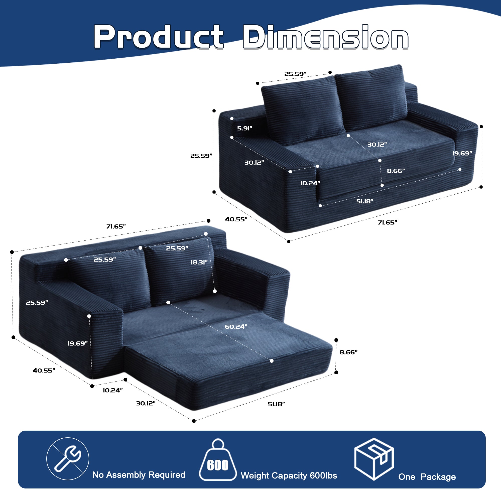 Sofá tipo Loveseat, Sofá cama con asiento profundo cómodo, Sofá moderno pequeño de corduroy para sala de estar y dormitorio, Cojín reversible con almohadas, Sin necesidad de ensamblaje, Azul oscuro
