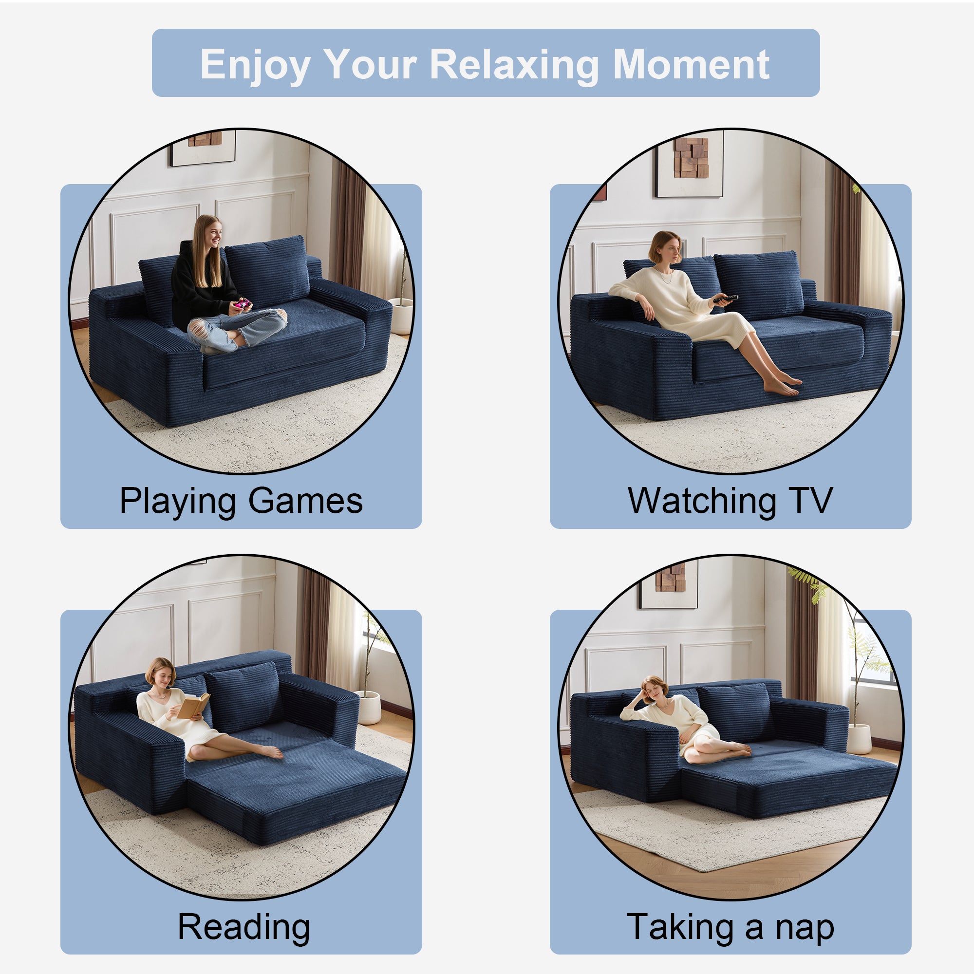 Sofá tipo Loveseat, Sofá cama con asiento profundo cómodo, Sofá moderno pequeño de corduroy para sala de estar y dormitorio, Cojín reversible con almohadas, Sin necesidad de ensamblaje, Azul oscuro