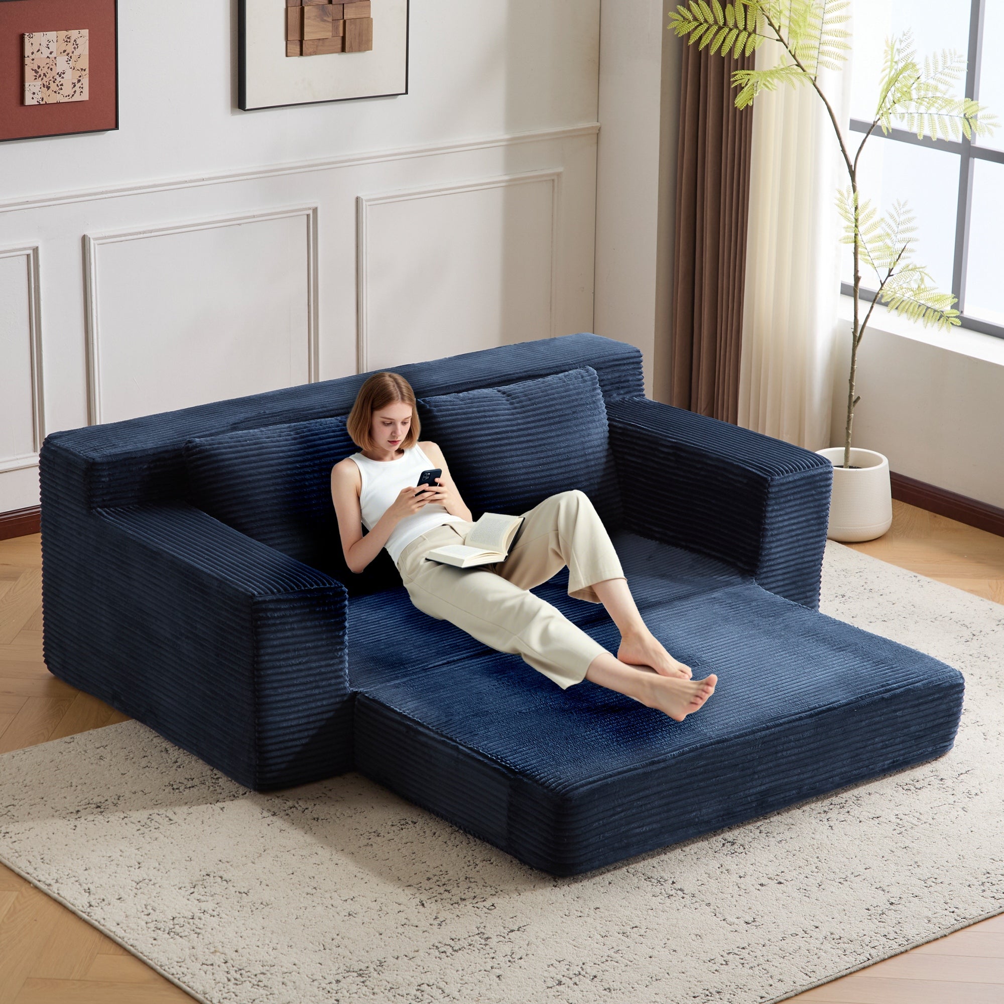 Sofá tipo Loveseat, Sofá cama con asiento profundo cómodo, Sofá moderno pequeño de corduroy para sala de estar y dormitorio, Cojín reversible con almohadas, Sin necesidad de ensamblaje, Azul oscuro