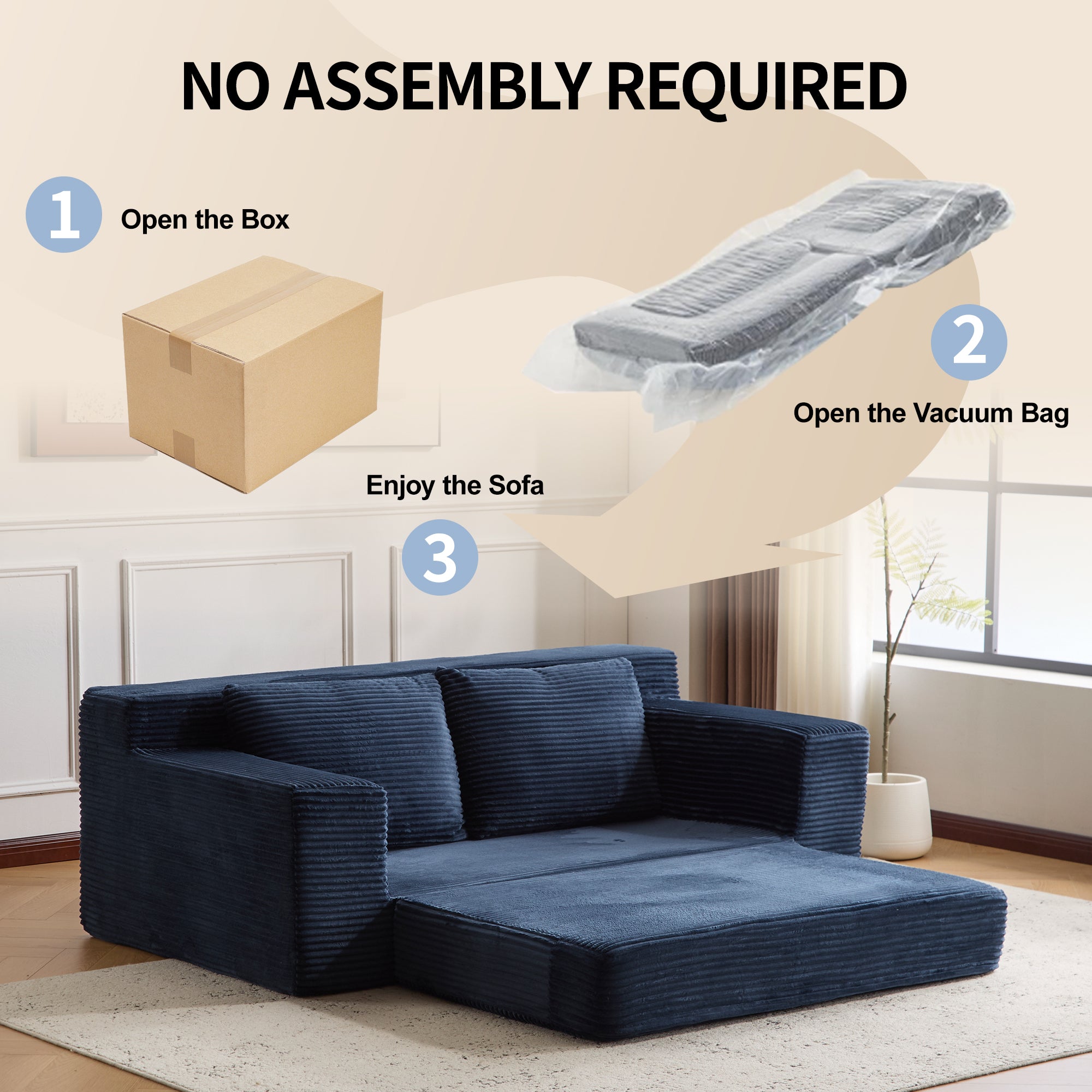 Sofá tipo Loveseat, Sofá cama con asiento profundo cómodo, Sofá moderno pequeño de corduroy para sala de estar y dormitorio, Cojín reversible con almohadas, Sin necesidad de ensamblaje, Azul oscuro