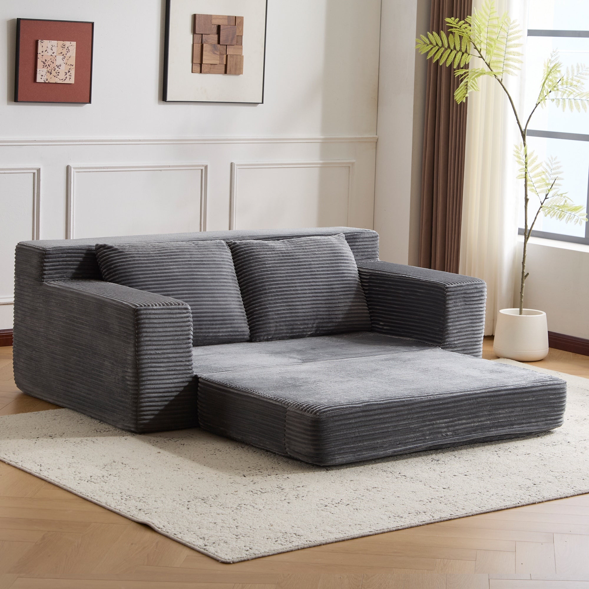Sofá de Dos Plazas, Sofá Cama con Asiento Profundo Cómodo, Sofá Moderno Pequeño de Terciopelo para Sala de Estar o Dormitorio, Cojín Reversible con Almohadas, Sin Ensamblaje Requerido, Gris Oscuro