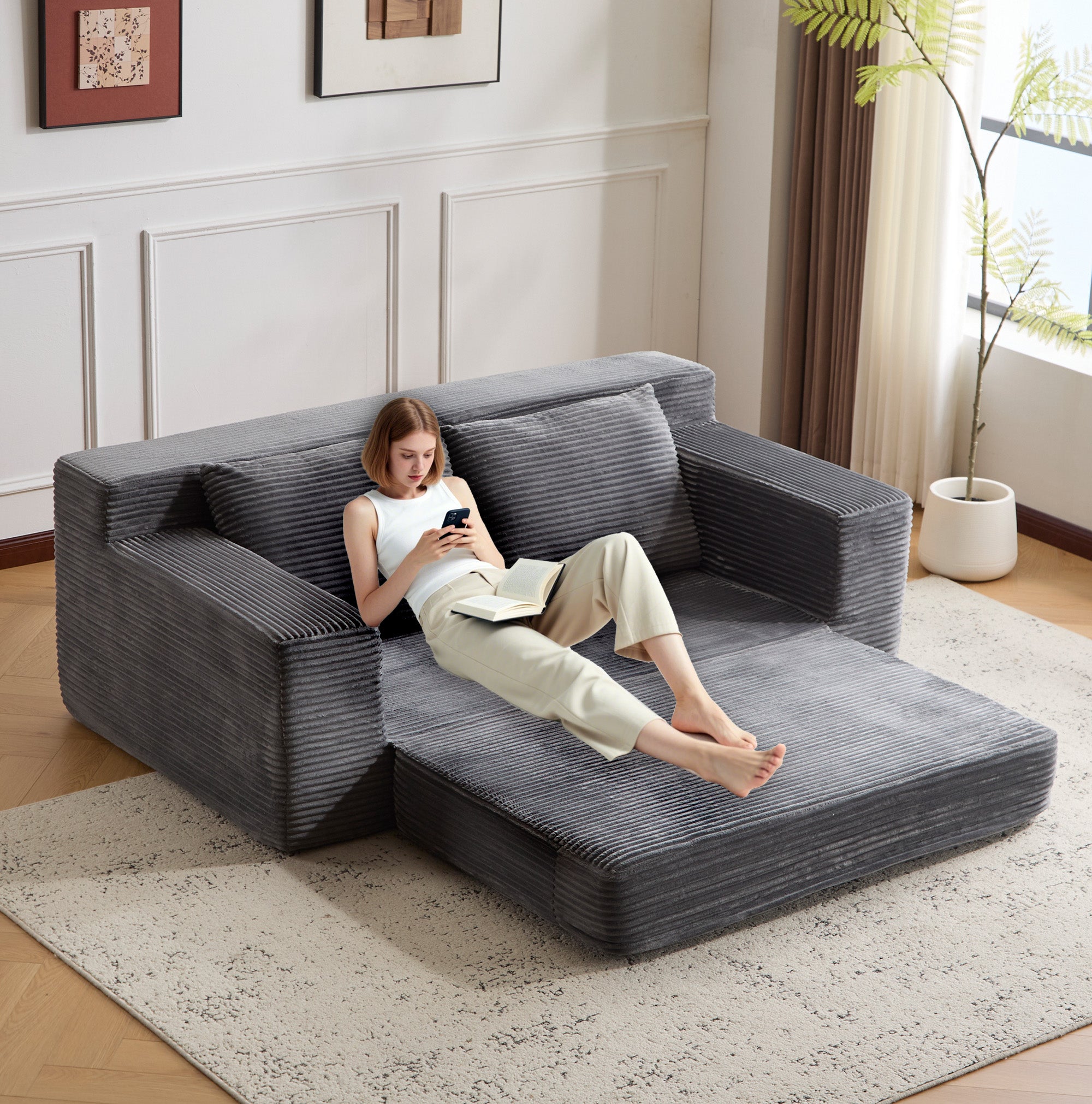 Sofá de Dos Plazas, Sofá Cama con Asiento Profundo Cómodo, Sofá Moderno Pequeño de Terciopelo para Sala de Estar o Dormitorio, Cojín Reversible con Almohadas, Sin Ensamblaje Requerido, Gris Oscuro