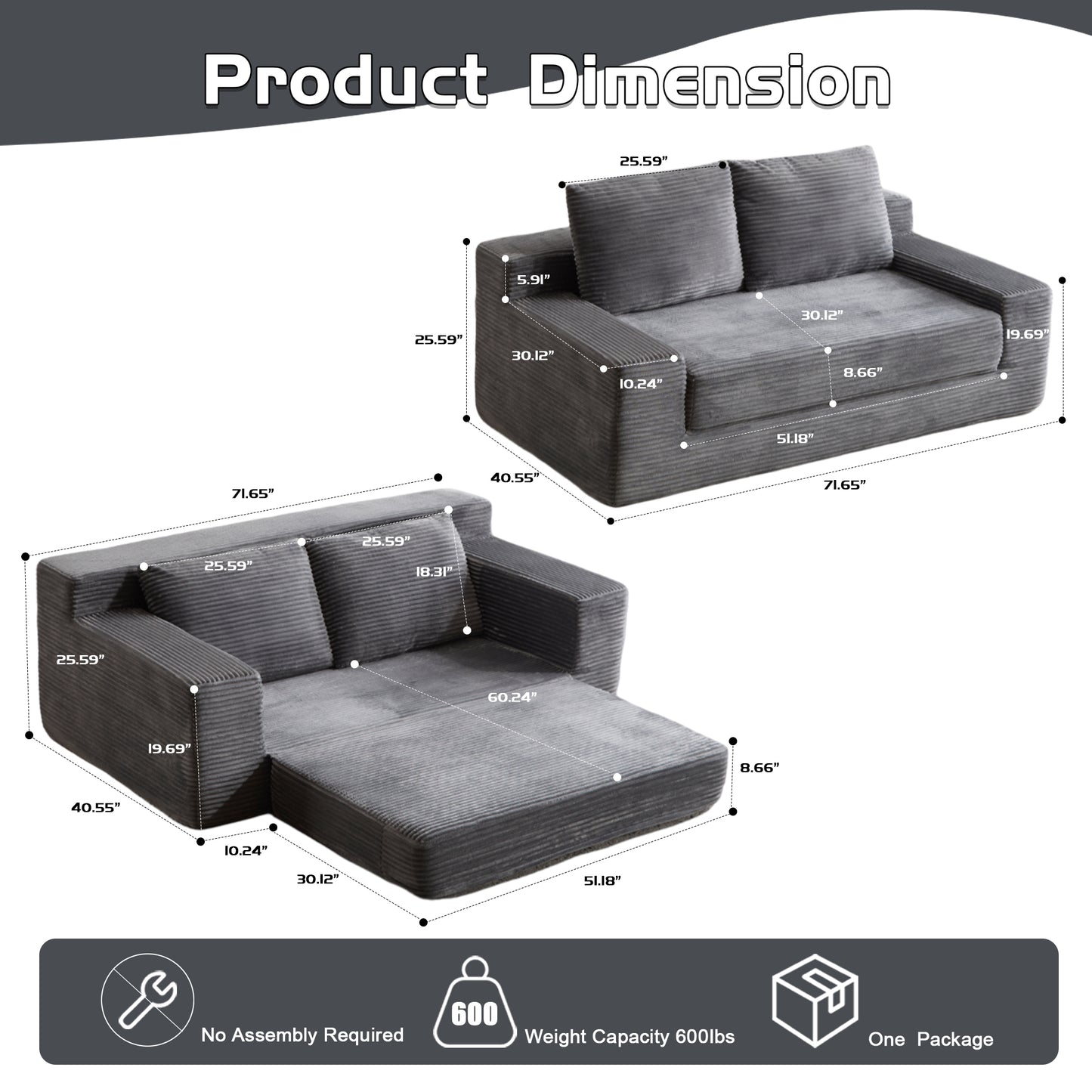 Loveseat Sofa, Comfortable Deep Seat Sofa Bed, Modern Small Corduroy Couch For Living Room Bedroom,Reversible Cushion With Pillows,No Assembly Required,Dark-grey