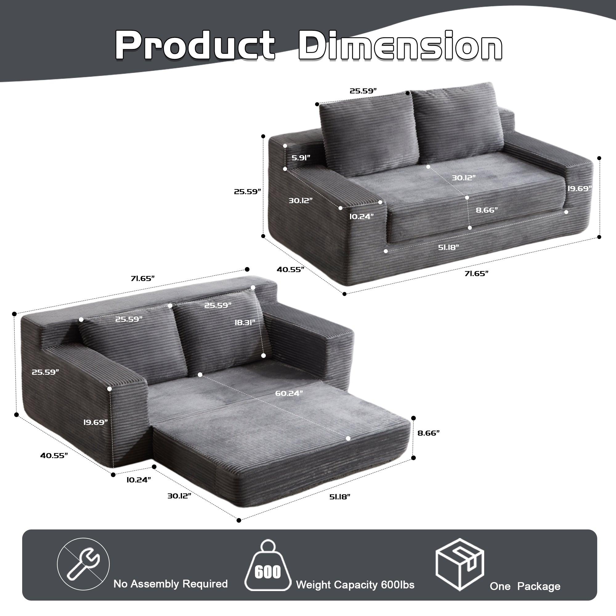 Sofá de Dos Plazas, Sofá Cama con Asiento Profundo Cómodo, Sofá Moderno Pequeño de Terciopelo para Sala de Estar o Dormitorio, Cojín Reversible con Almohadas, Sin Ensamblaje Requerido, Gris Oscuro