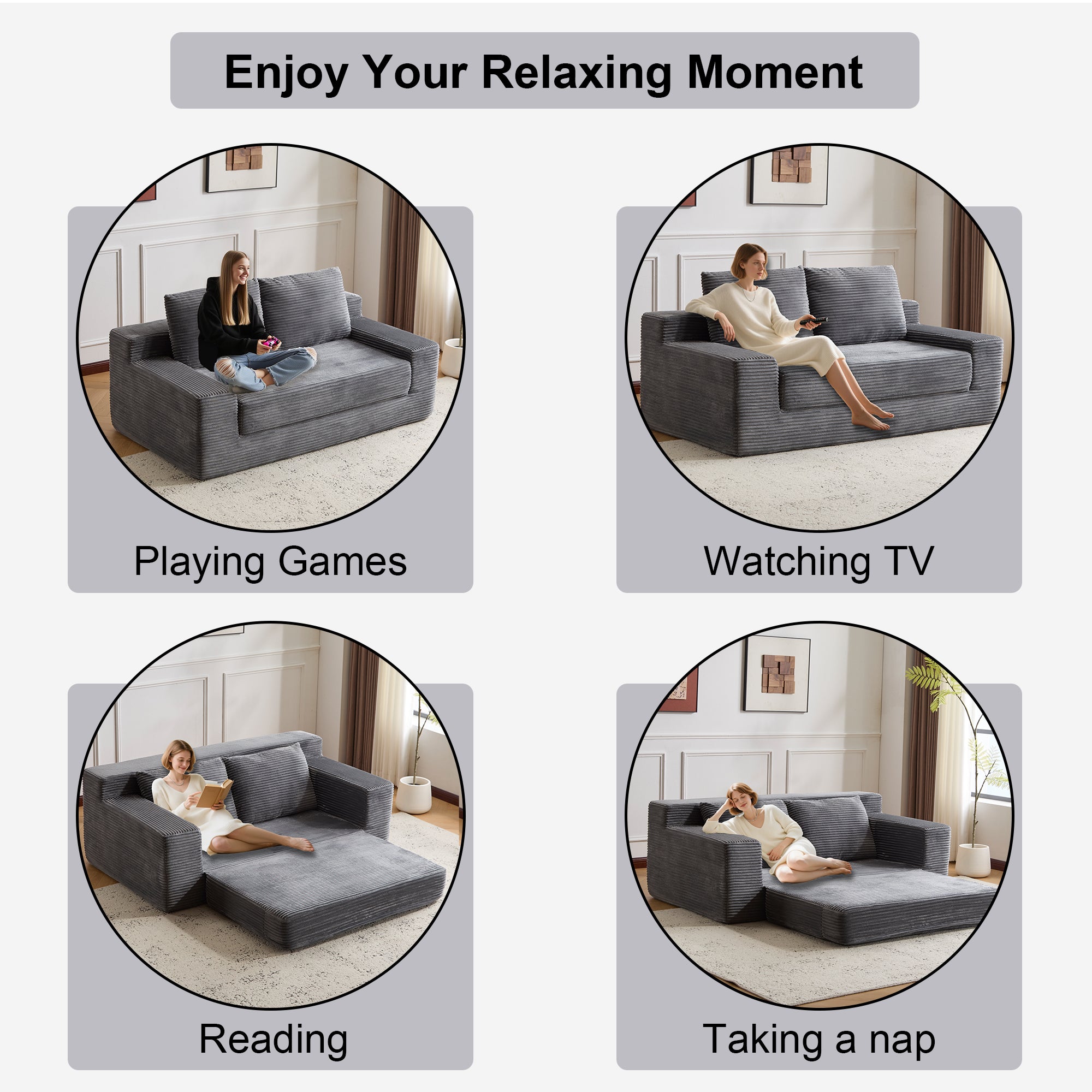 Sofá de Dos Plazas, Sofá Cama con Asiento Profundo Cómodo, Sofá Moderno Pequeño de Terciopelo para Sala de Estar o Dormitorio, Cojín Reversible con Almohadas, Sin Ensamblaje Requerido, Gris Oscuro