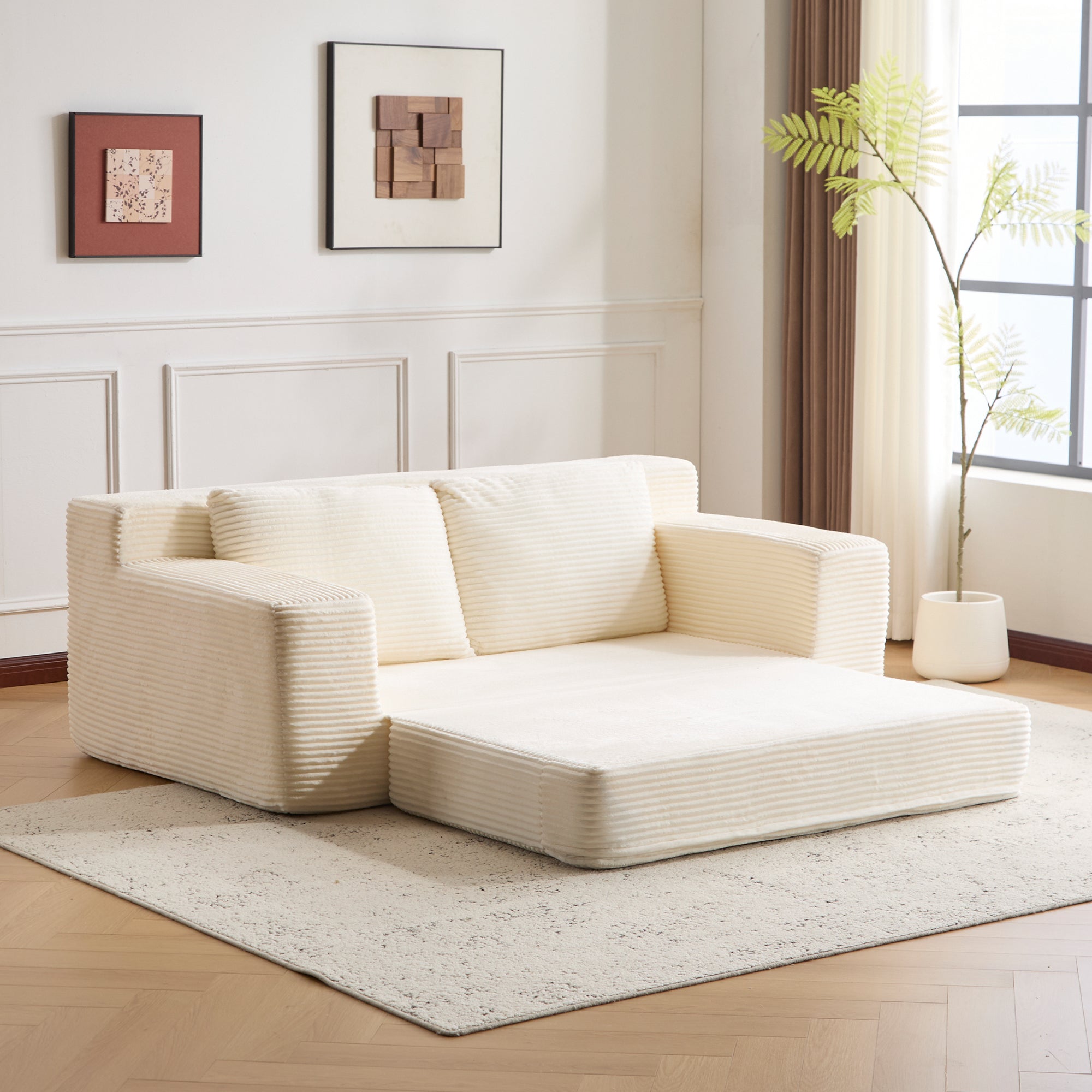 Sofá de Dos Plazas, Sofá Cama con Asiento Profundo Cómodo, Sofá Moderno Pequeño de Terciopelo para Sala de Estar o Dormitorio, Cojín Reversible con Almohadas, Sin Ensamblaje Requerido, Blanco